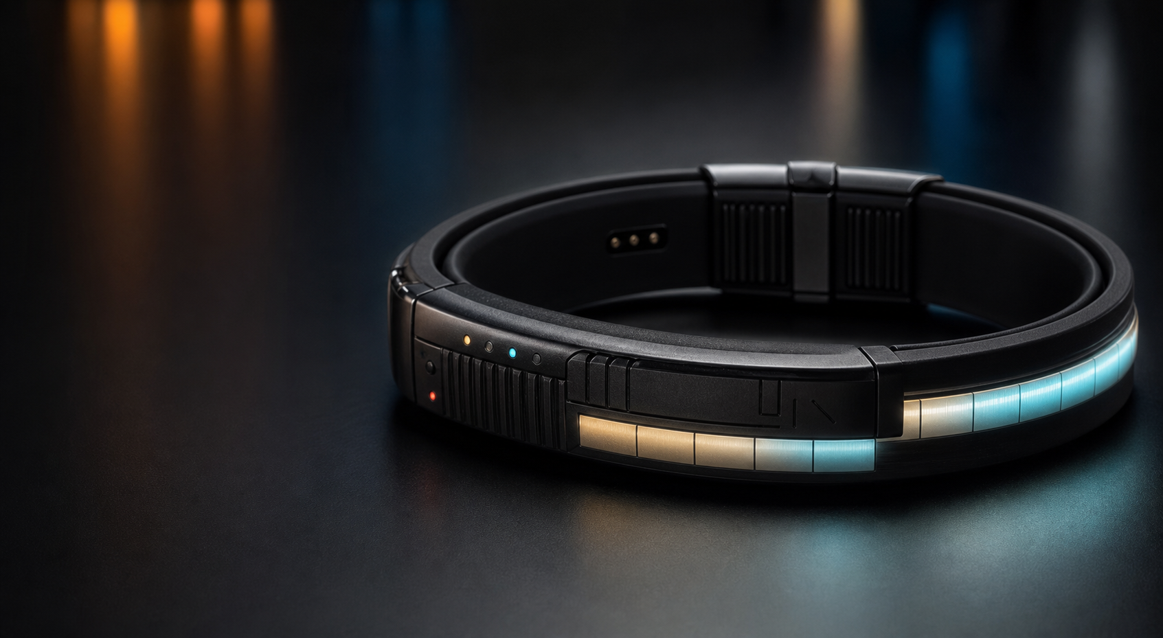 Matte black launchband wearable with segmented cyan and amber signal lights